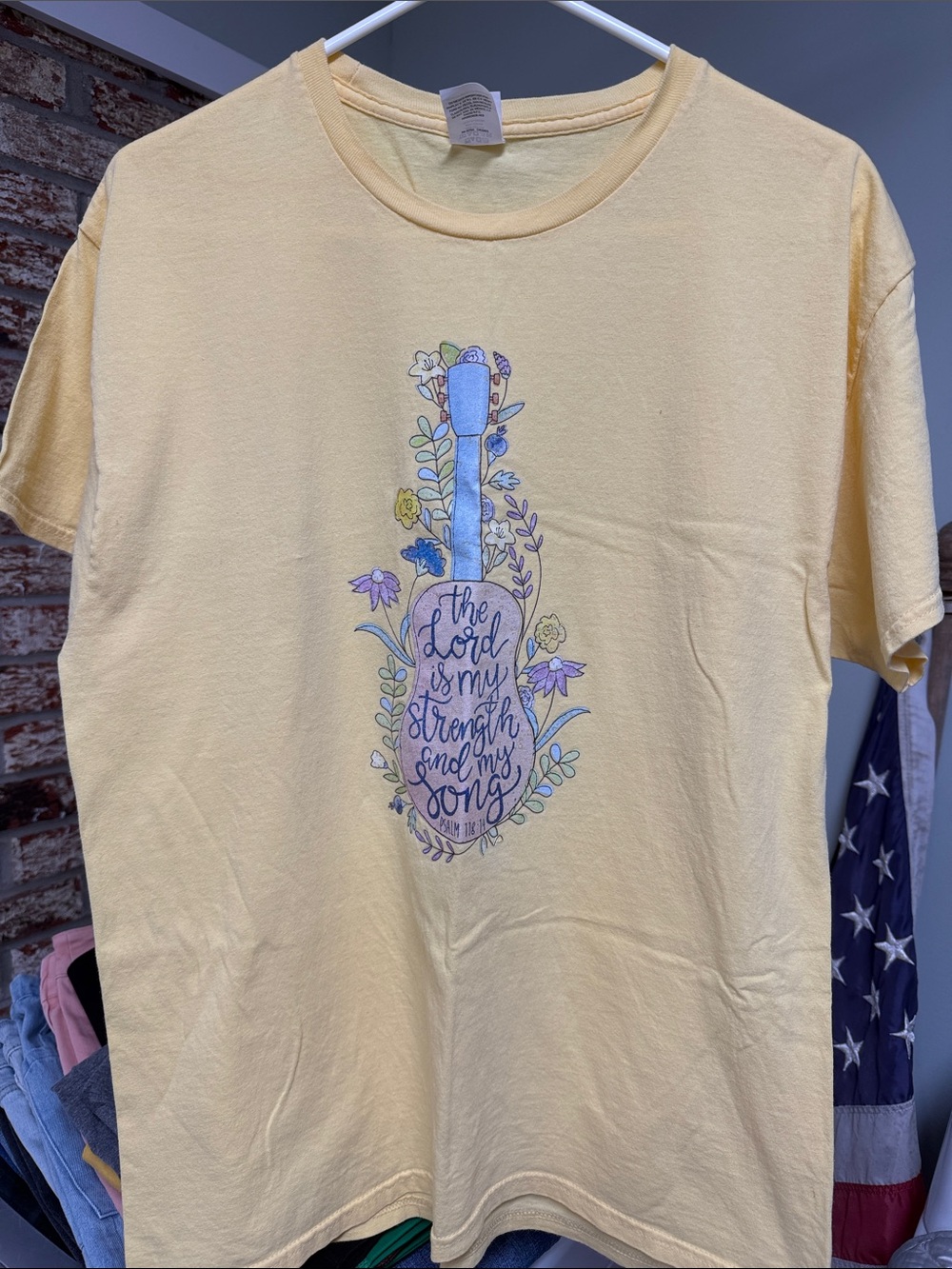 Hanes Yellow Graphic Tee w/ Floral Guitar “The Lord is My Strength and My Song”